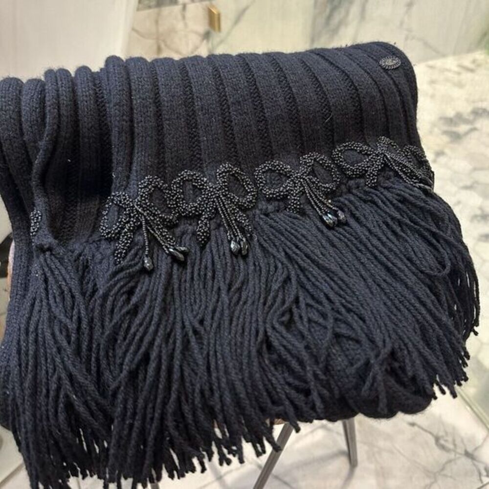 Chanel Vintage 86” Cashmere Knit Scarf Black Fringe Beaded Embellished Wrap RARE